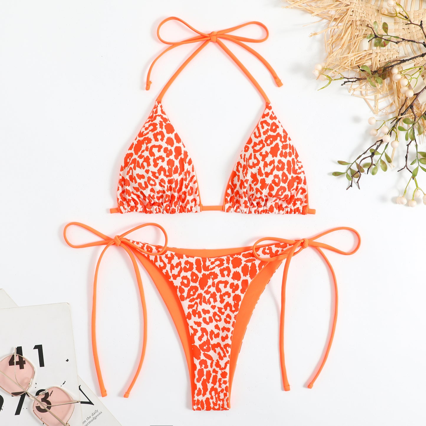 Nylon duplex printing lace up split bikinis