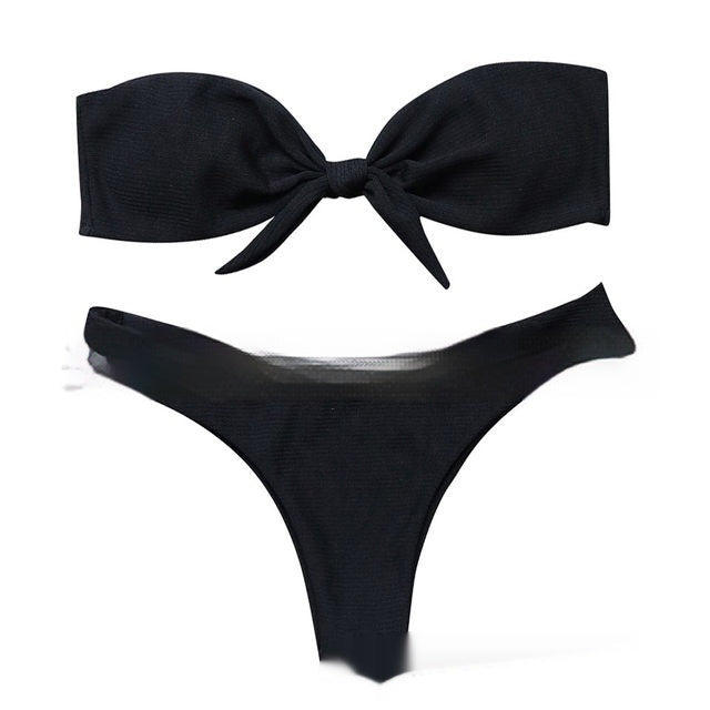 Solid color striped pit fabric bow bikini sets