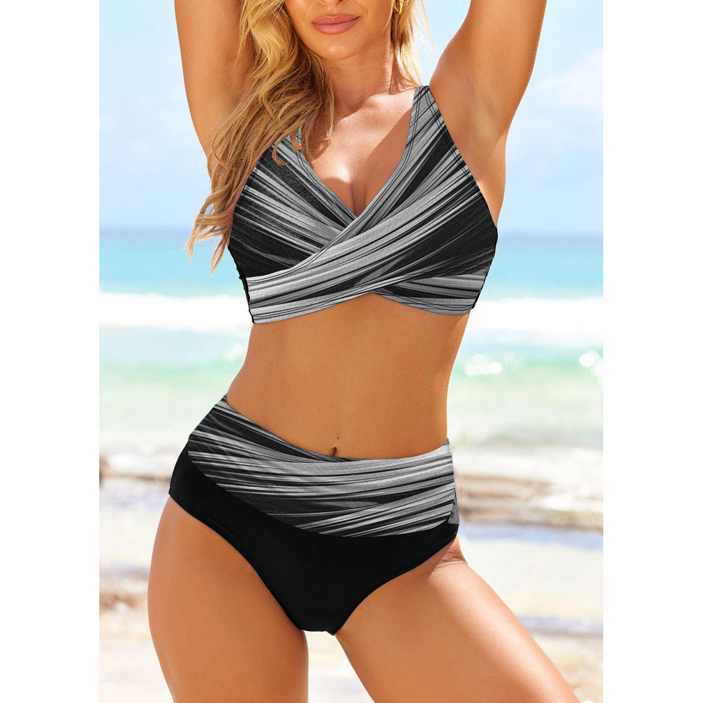 Striped tie-dye cutout high waist bikini sets