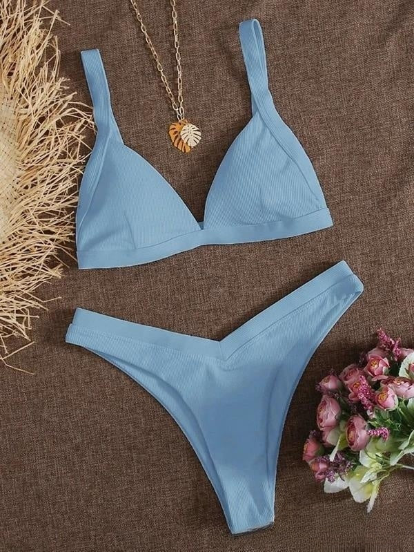 Solid small sunken stripe bikini sets