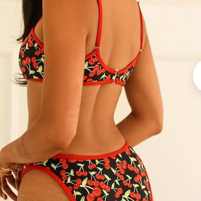 Cherry print tube top bikini sets