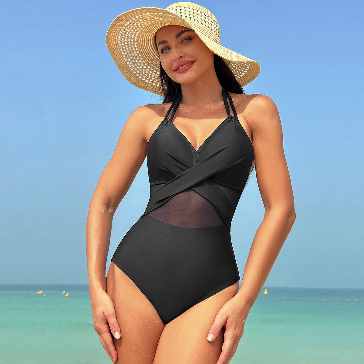 Pure color mesh one-piece bikinis