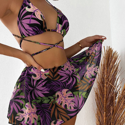 Leaf print two- and three-piece bikini sets