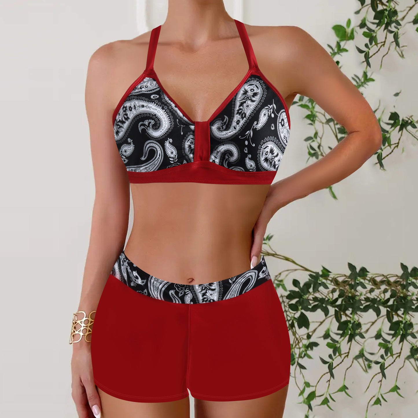 Boxer halter slimming printed bikini sets