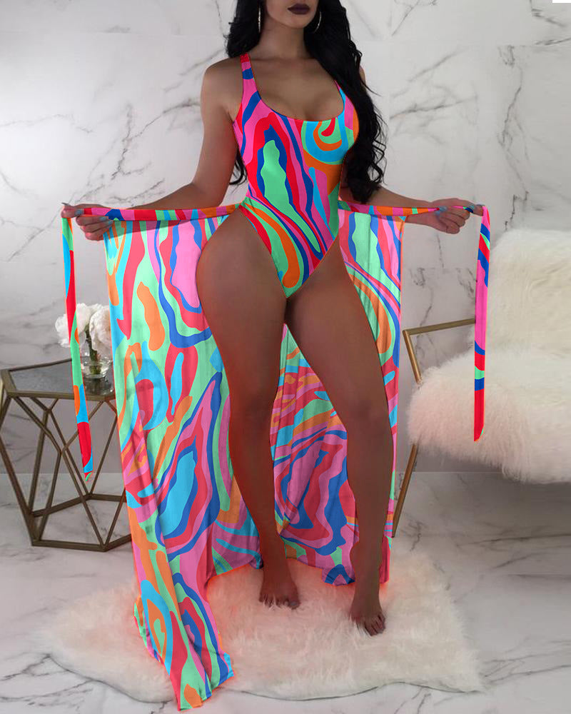 Flirty mesh outerwear color-contrast three-piece bikinis
