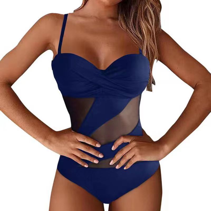 Elegant mesh-panel cutout one-piece bikinis