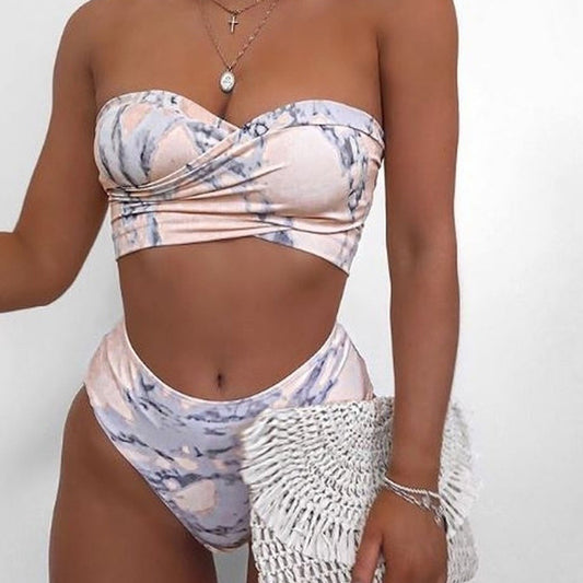 Gathered bandage high waist split bikini sets