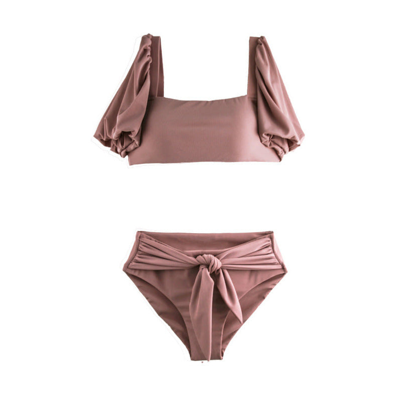 Bubble sleeve lace-up bow split bikini sets
