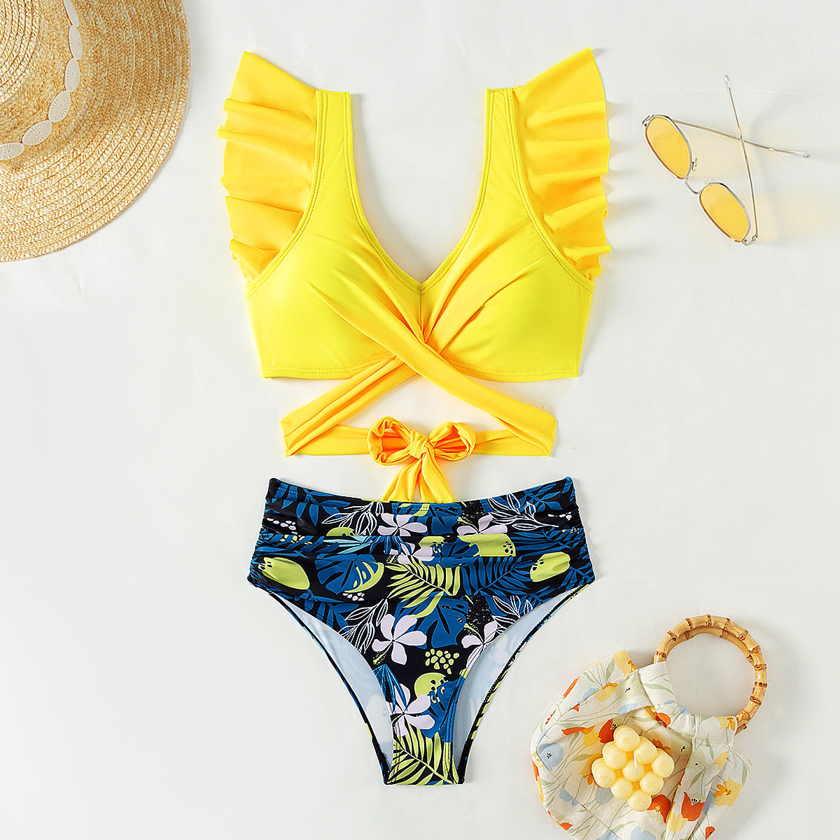 Flounced cross high waist bikini sets