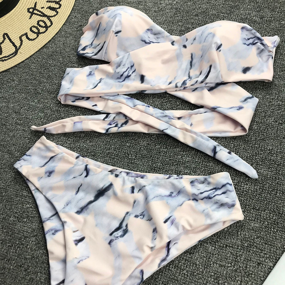 Gathered bandage high waist split bikini sets