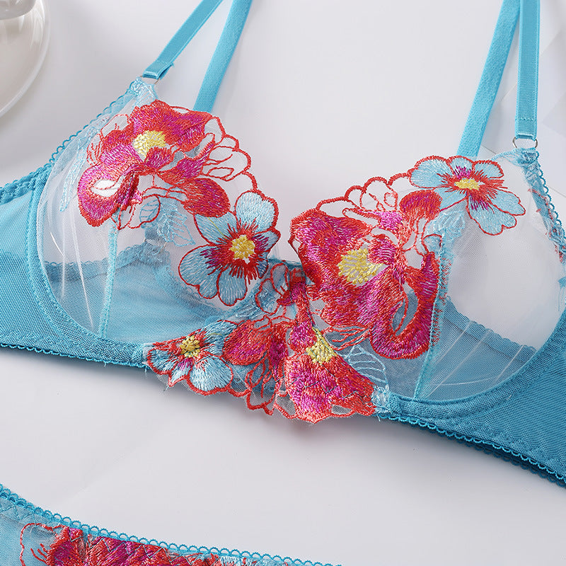 Multicolor embroidered mesh shaping lingerie sets