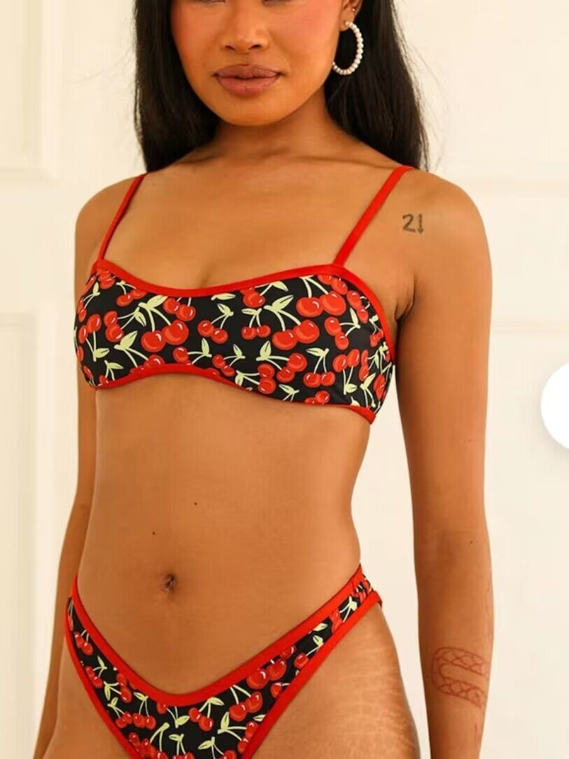 Cherry print tube top bikini sets