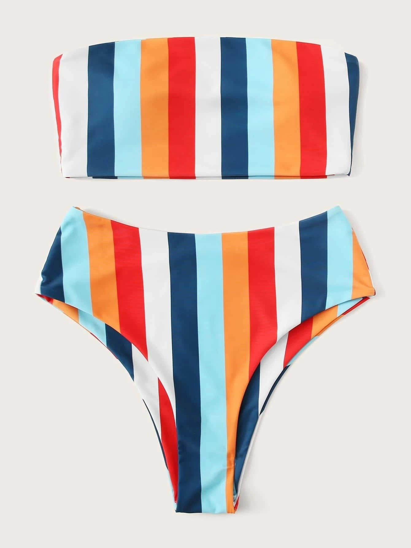 Rainbow striped high waist split bikini sets
