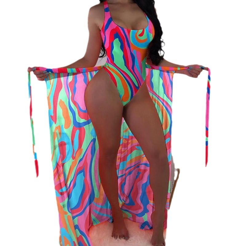 Flirty mesh outerwear color-contrast three-piece bikinis
