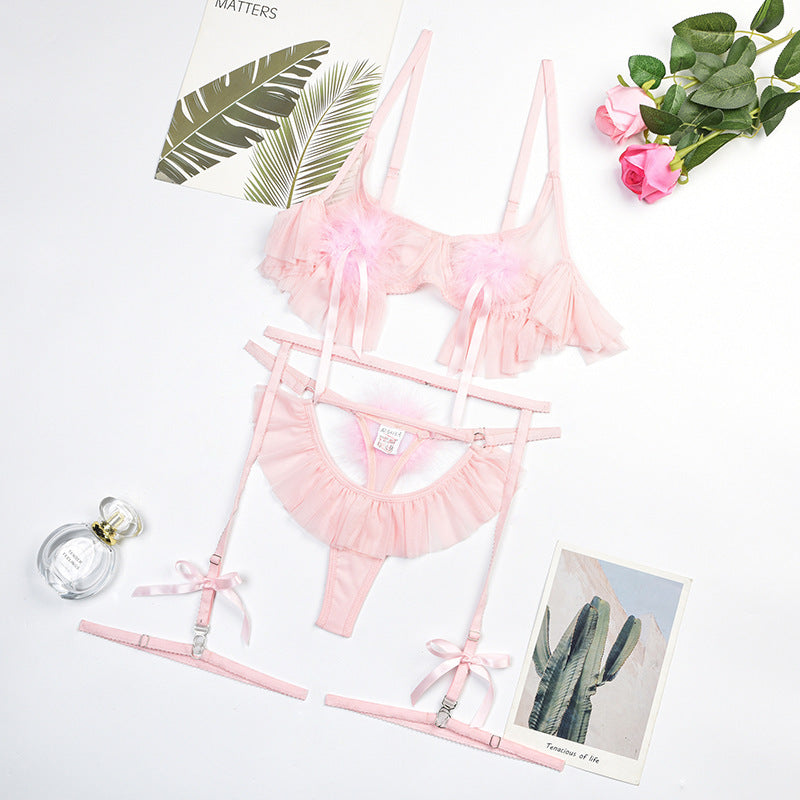 Pompon pleated skirts see-through mesh sets