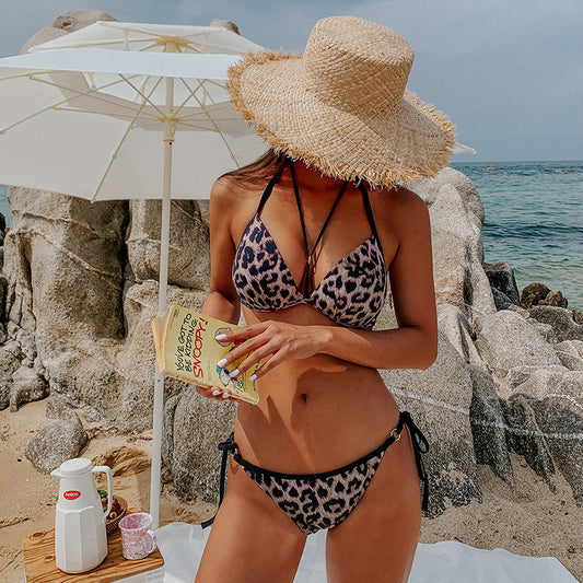 Leopard print gathered three-point bikini sets