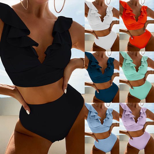 Flirty flounced V-neck high-waist split bikinis