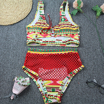 Cross strap fishnet high waist bikini sets
