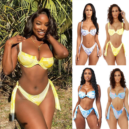 Seductive tie-dyed V-neck underwire split bikinis