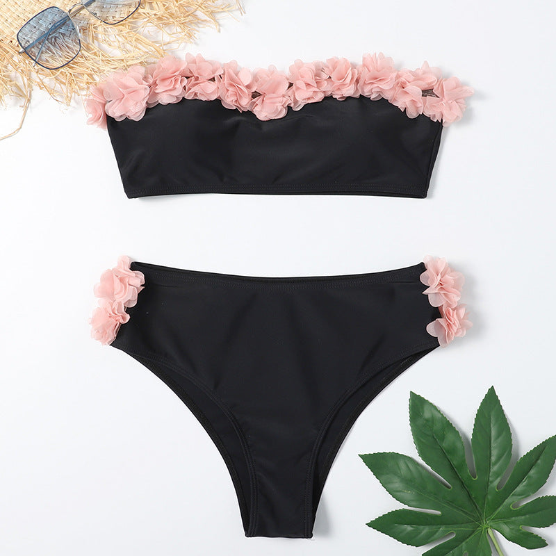 Split tube top pure color lace bikinis