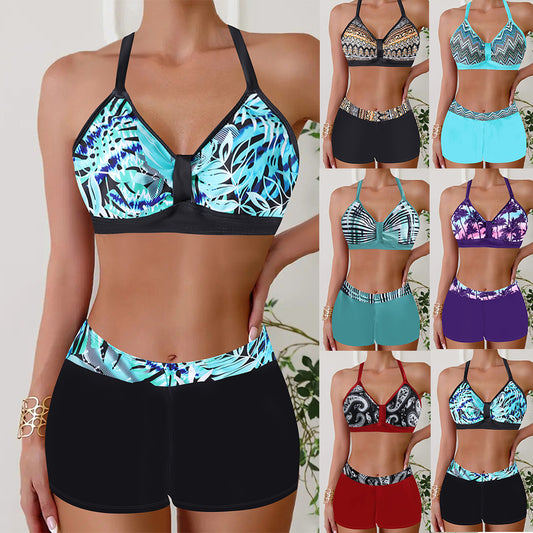 Boxer halter slimming printed bikini sets