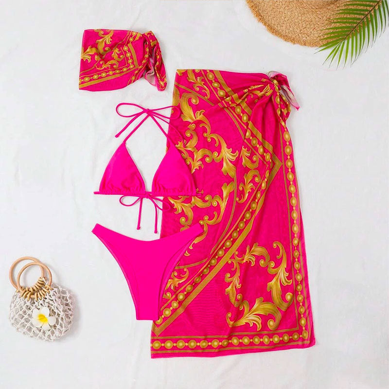 Vintage print lace-up three-piece bikini sets