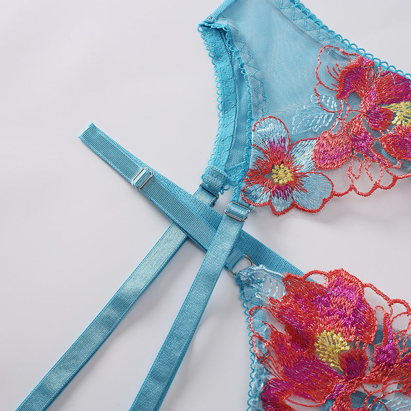Multicolor embroidered mesh shaping lingerie sets