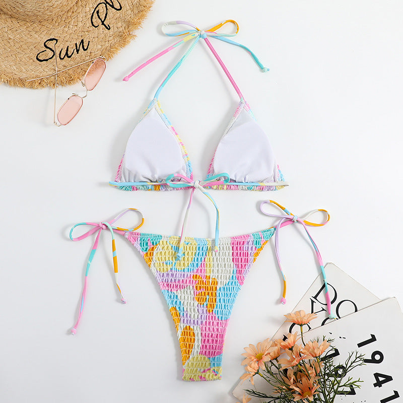 Playful printed smocked split triangle bikinis
