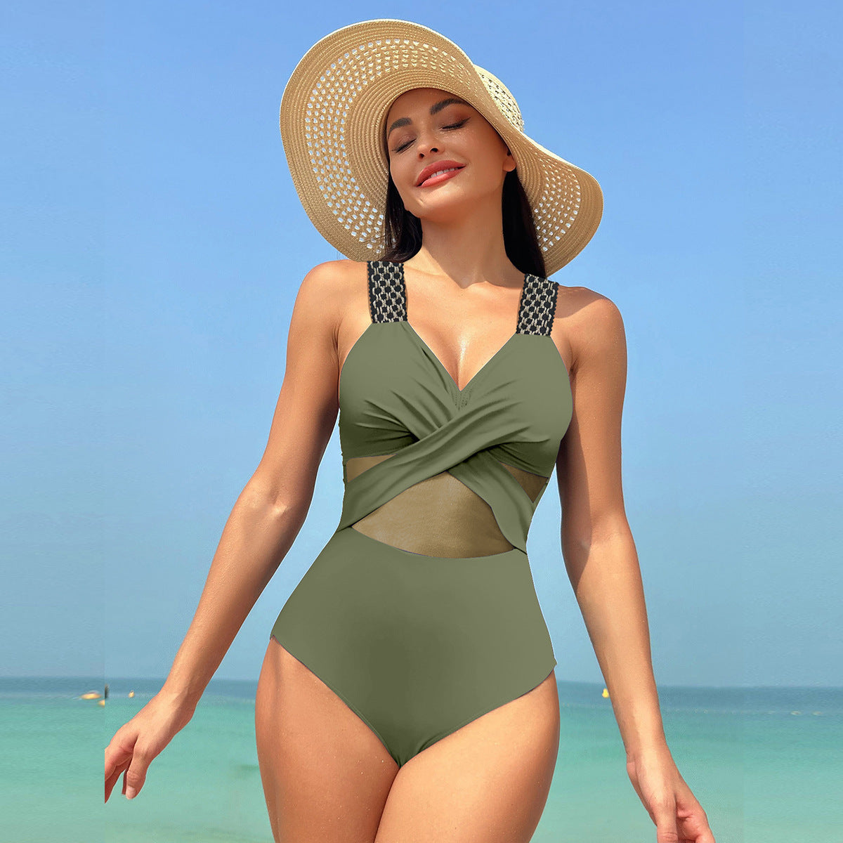 Pure color mesh one-piece bikinis