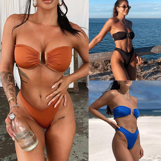 U-shaped decorative split backless bikini sets