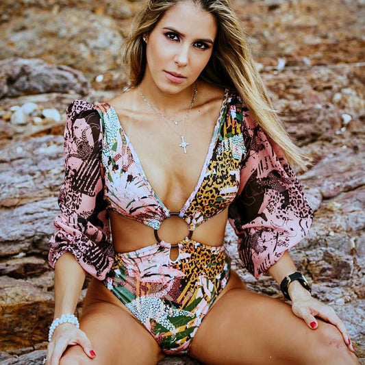 Printed long sleeve one-piece bikinis