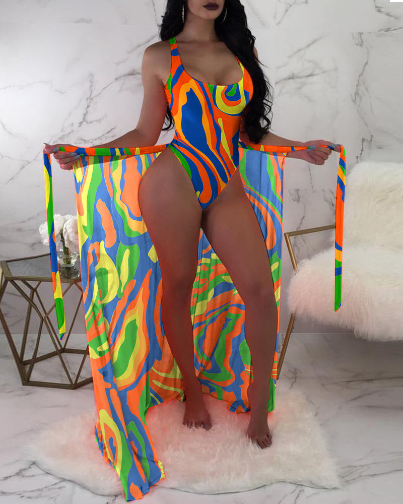 Flirty mesh outerwear color-contrast three-piece bikinis