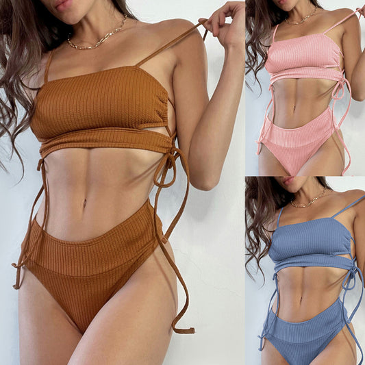 Seductive ribbed lace-up high-waist bikinis