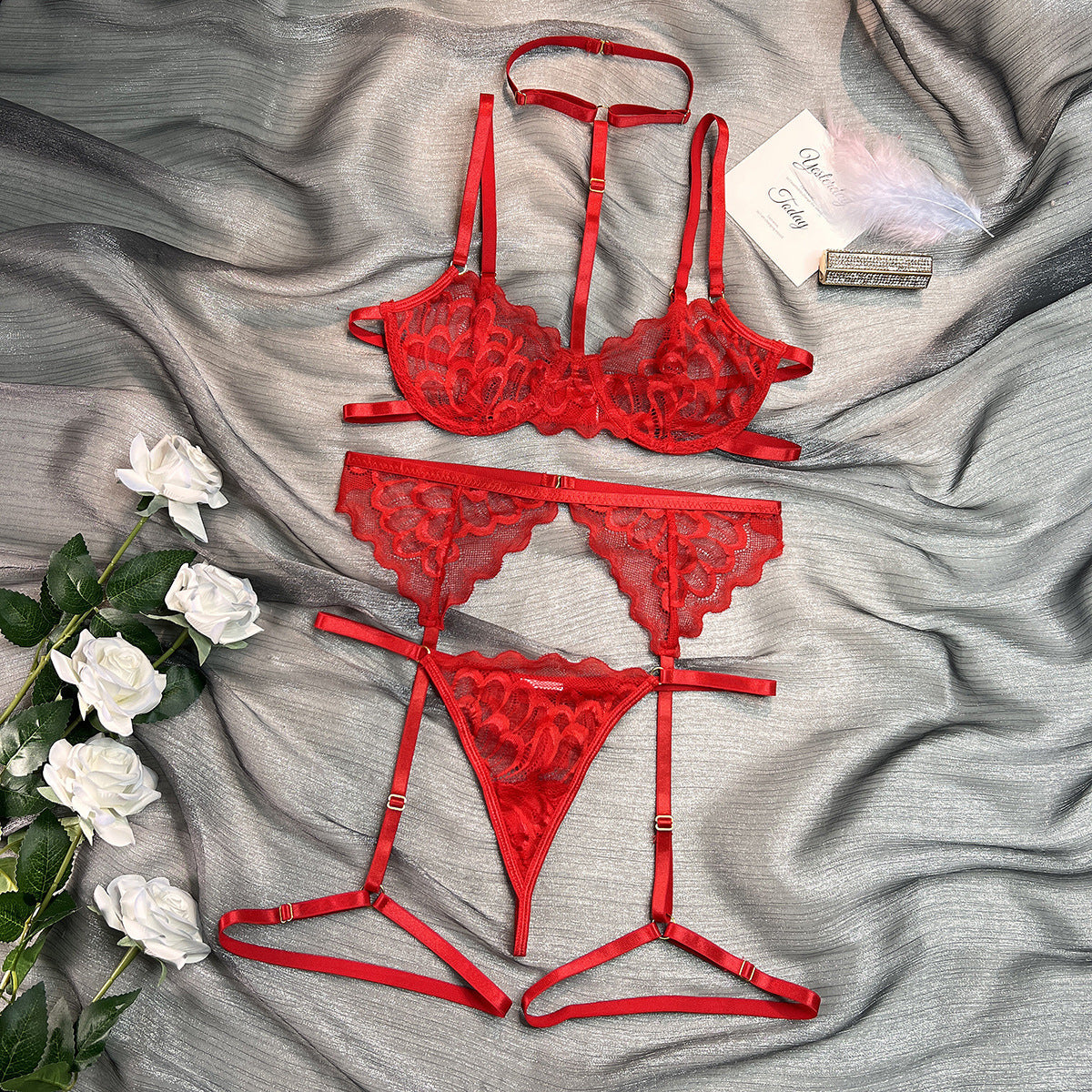 Lace halter basic three-piece lingerie sets