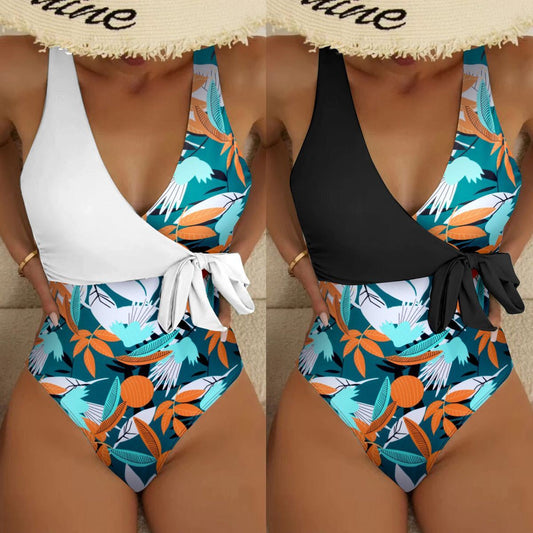 High waist polyester printed one-piece bikinis