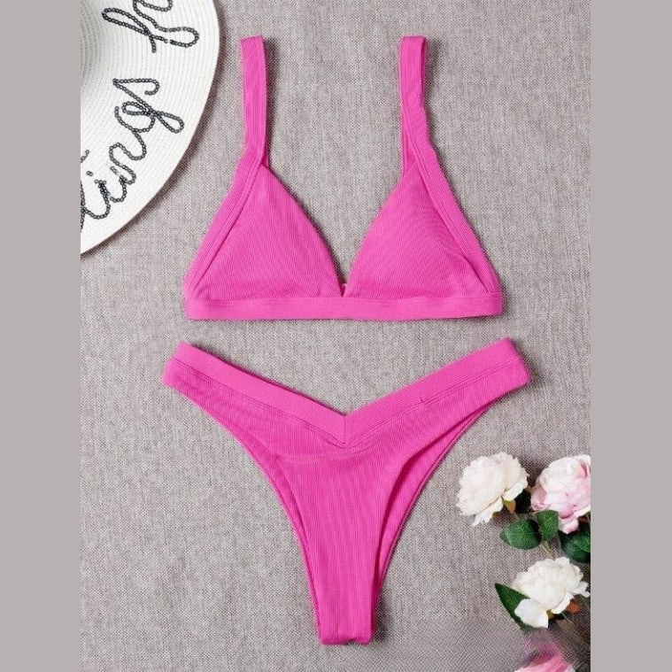 Solid small sunken stripe bikini sets