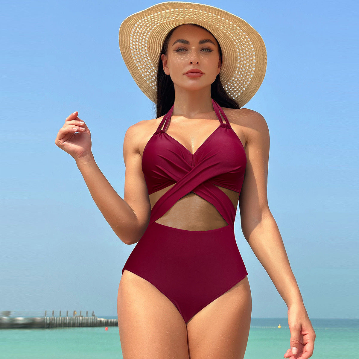Pure color mesh one-piece bikinis