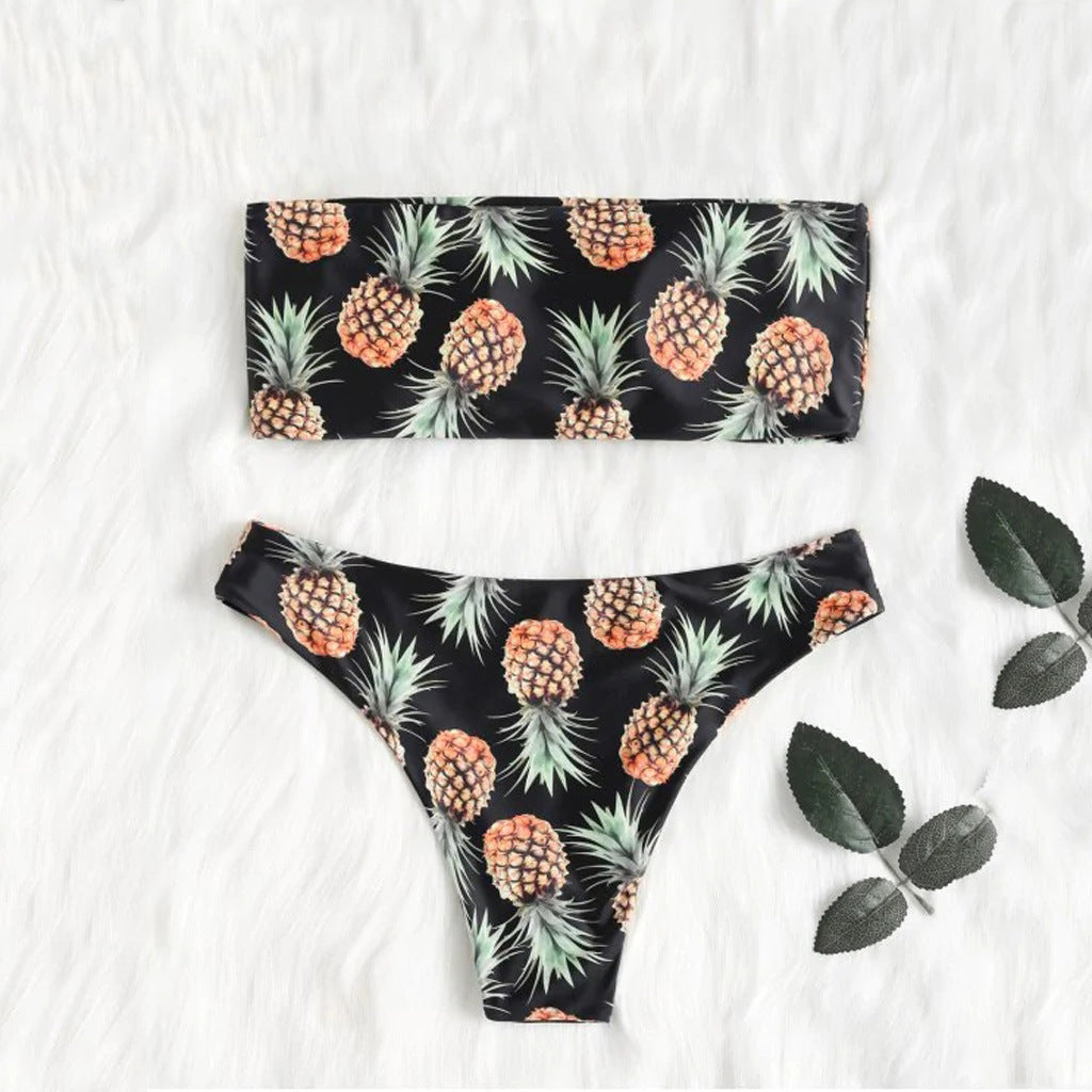 Playful pineapple print tube top split bikinis
