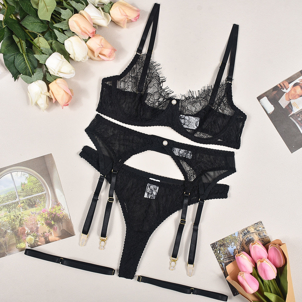 Bra see-through lace pearl lingerie four-piece sets
