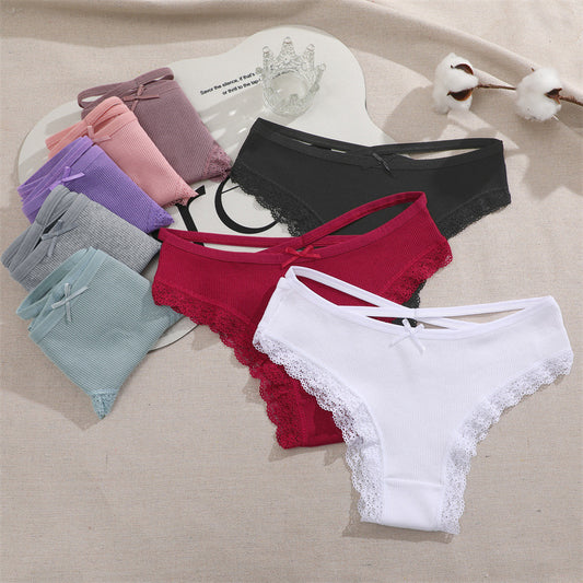 Threaded cotton bowknot low waist lace underwear