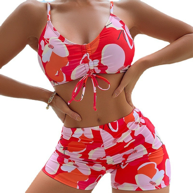 Printed drawstring shorts high waist bikini sets