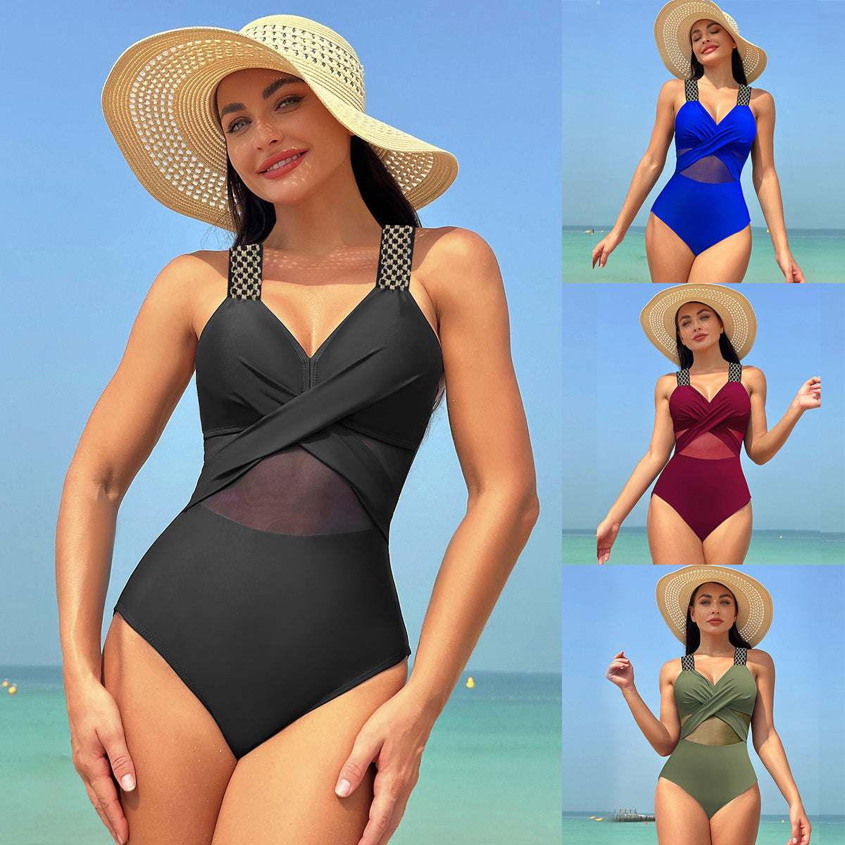 Pure color mesh one-piece bikinis