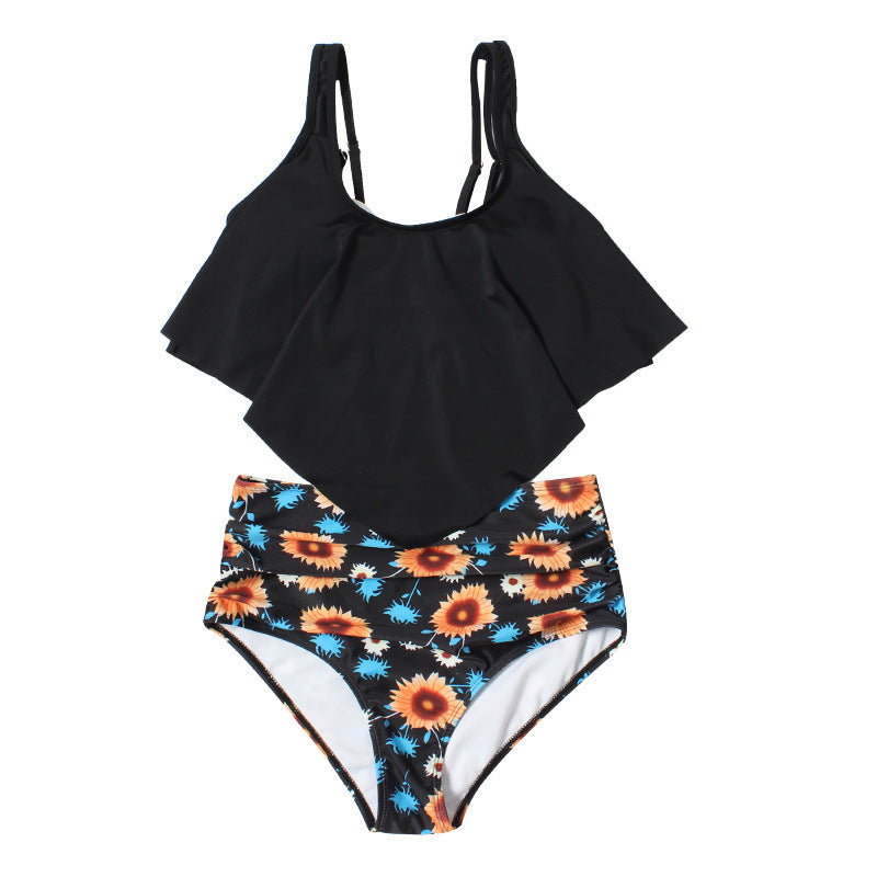 Printed high-waist ruffled split bikini sets
