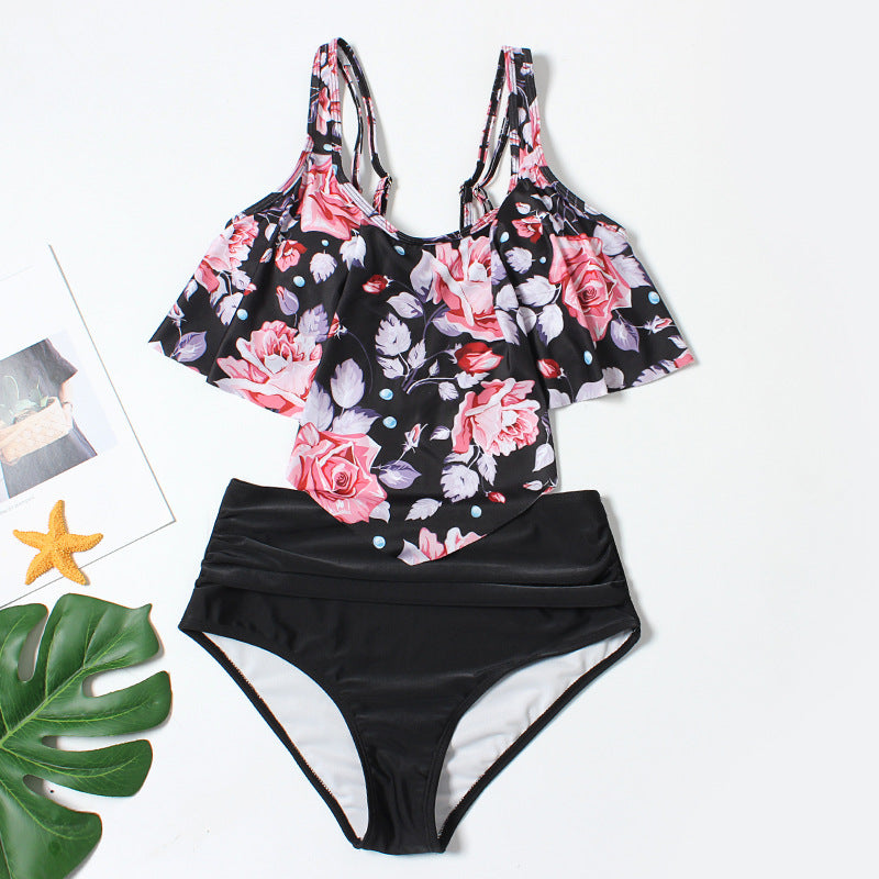 Printed high-waist ruffled split bikini sets