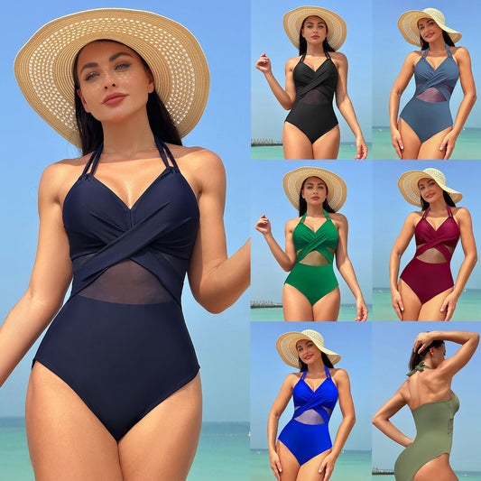 Pure color mesh one-piece bikinis