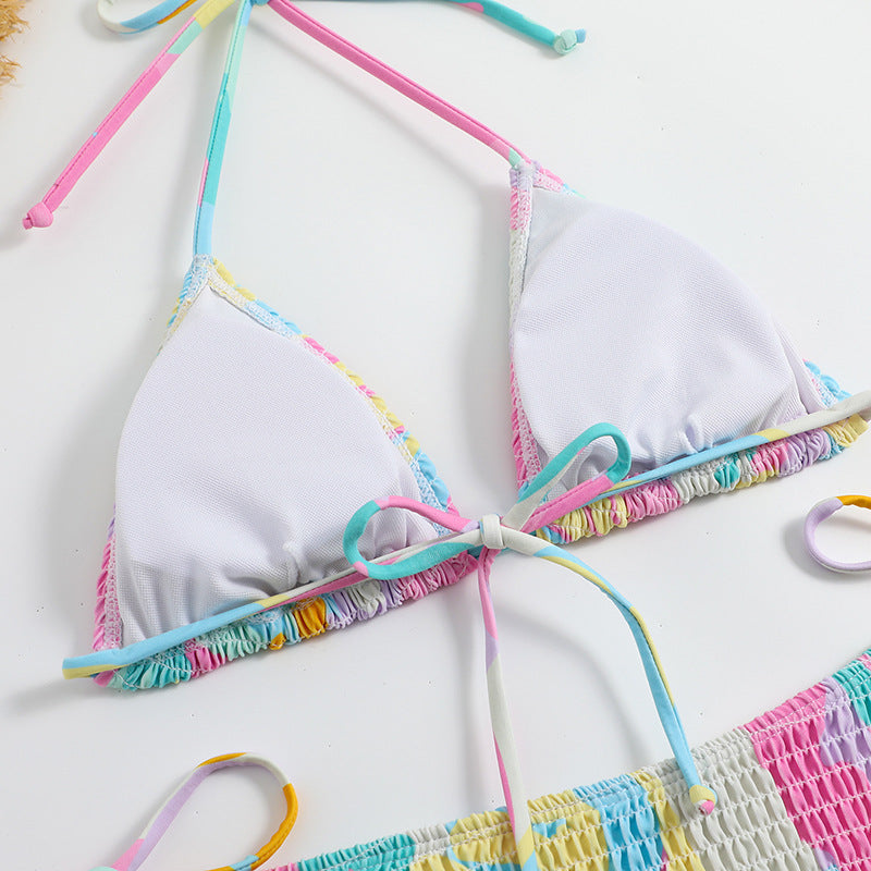 Playful printed smocked split triangle bikinis