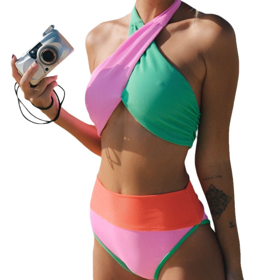 Striking color-block cross high-waist bikinis