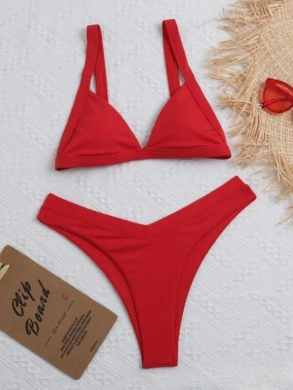 Solid small sunken stripe bikini sets