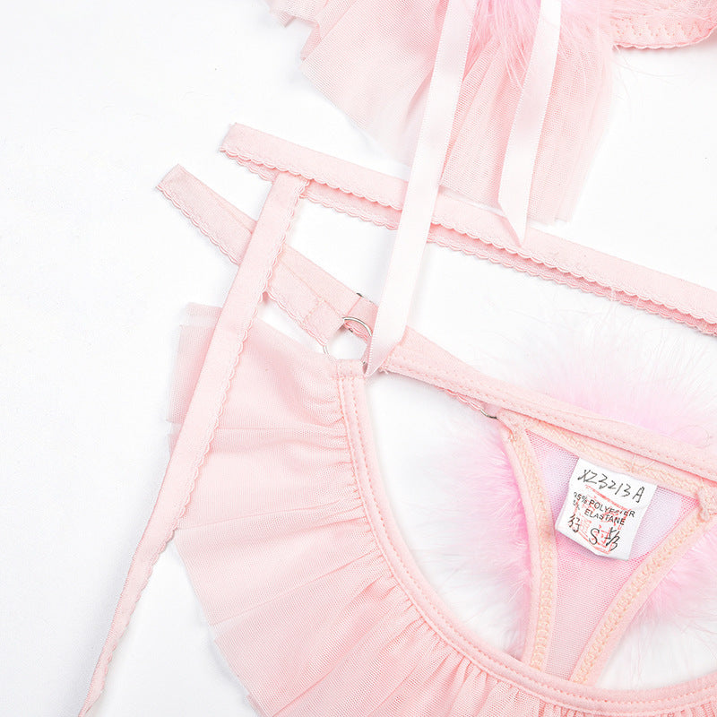 Pompon pleated skirts see-through mesh sets