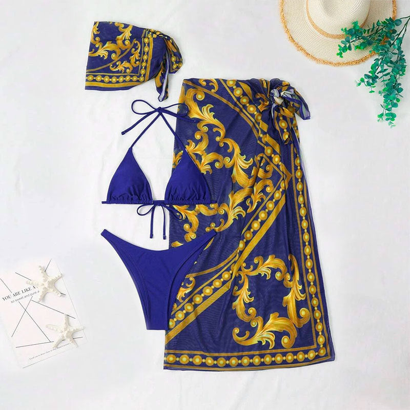 Vintage print lace-up three-piece bikini sets